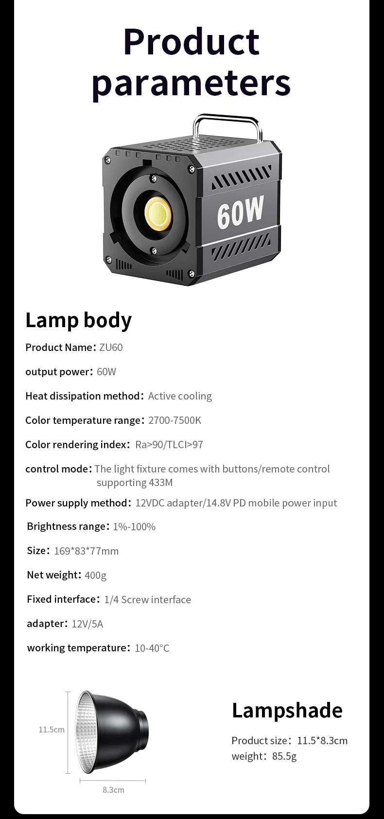 60W COB Video Light - CRI≥90, TLCI≥97, Dual Color Temperature 2700K-6500K, Portable Mini Bowens Live Lighting