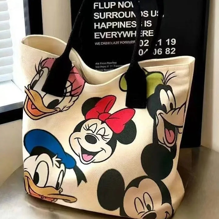 Disney Mickey Mouse & Minnie Canvas Shoulder Bag – Large Capacity Casual Tote Handbag for Women & Students, Versatile School & Daily Use Bag