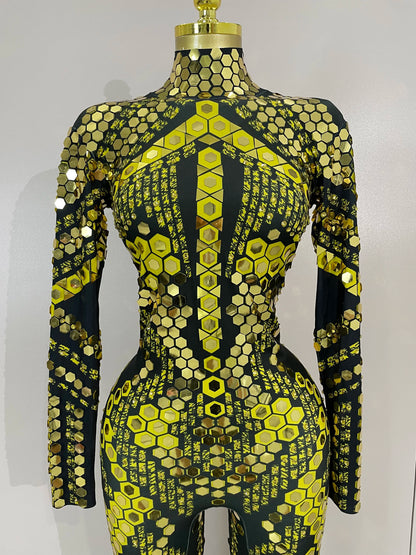 Sexy Shiny Silver Sequin & Black Spandex Jumpsuit — 2025 Women’s Prom, Dancer & Stage Performance Costume