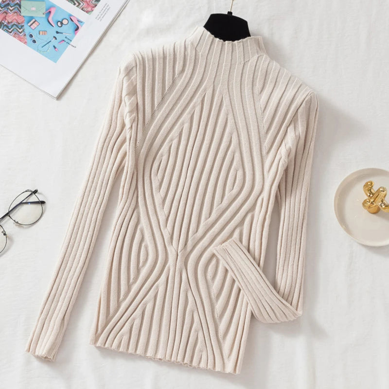Women's Knitted Sweater Pullover 2023 - Half Turtleneck Jumper, Solid Slim Fit, Chic Streetwear for Autumn/Winter, Long Sleeve Y2K Top