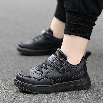 Children’s Black Leather Sneakers – Non-Slip Casual Flat Walking Shoes for Boys & Girls, Lightweight Student Sports Footwear