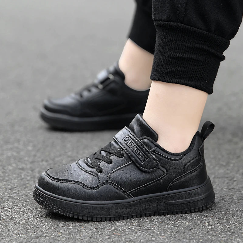 Kids' Black Leather Sneakers – Non-Slip Casual Walking & Tennis Shoes for Boys and Girls