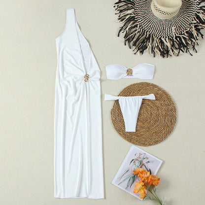 3-Piece Sexy Women’s Swimwear Set – Solid Bandeau Bikini with Beach Cover-Up Long Maxi Dress