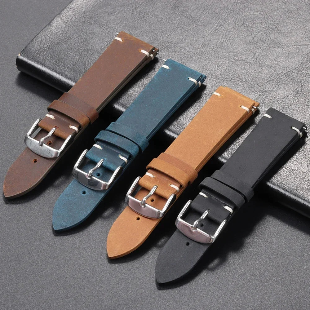 Calfskin Genuine Leather Watch Band – Black, Blue & Dark Brown Straps for Smartwatches, 18mm-24mm Accessories