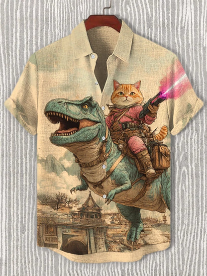 Men’s Cat Graphic Button Down Shirt - Oversized Short Sleeve Summer Hawaiian Vacation Top
