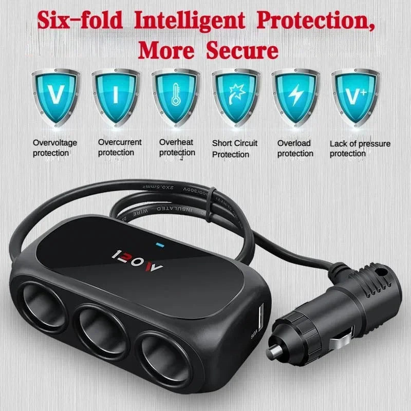 3-Socket Car Cigarette Lighter Splitter - 120W 12V/24V Dual USB Fast Charger Adapter for iPhone, GPS and Dashcam