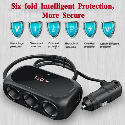 3-Socket Car Cigarette Lighter Splitter - 120W 12V/24V Dual USB Fast Charger Adapter for iPhone, GPS and Dashcam