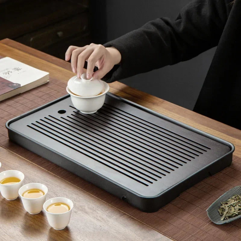 Square Bamboo Tea Tray with Drainage — Elegant Kung Fu Tea Set Tablett for Adults, Simple Chaban Tray for Tea Parties