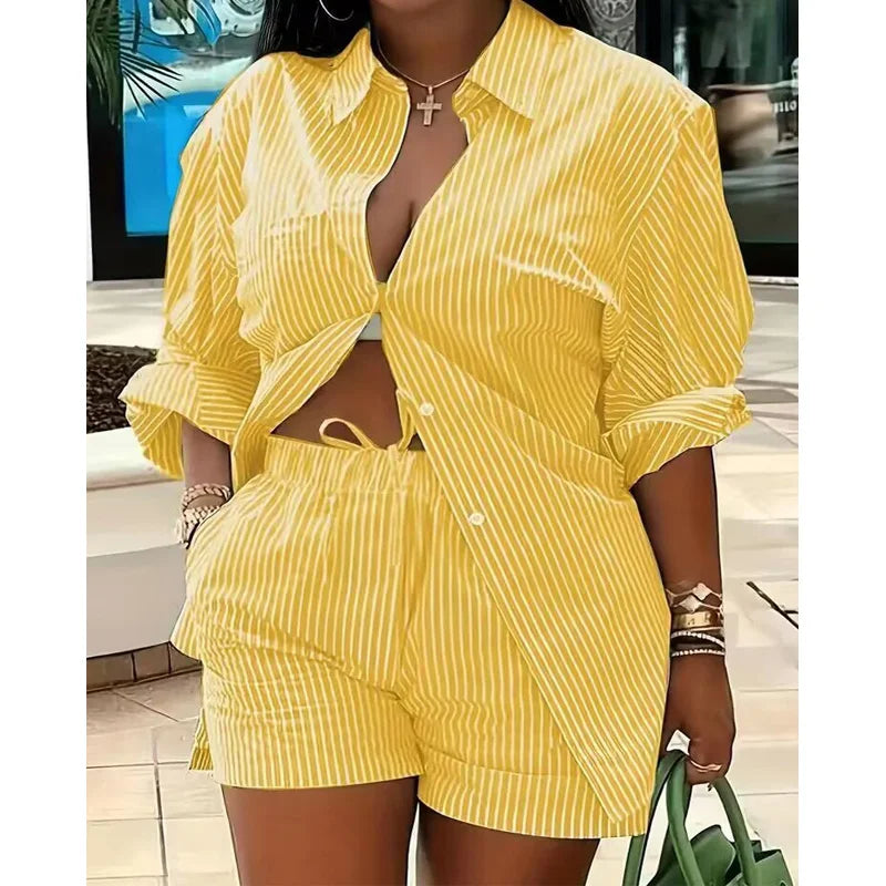 Women’s Colorful Striped Two-Piece Set – Casual Summer Button-Up Long Sleeve Shirt & Shorts Outfit