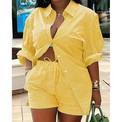 Women’s Colorful Striped Two-Piece Set – Casual Summer Button-Up Long Sleeve Shirt & Shorts Outfit