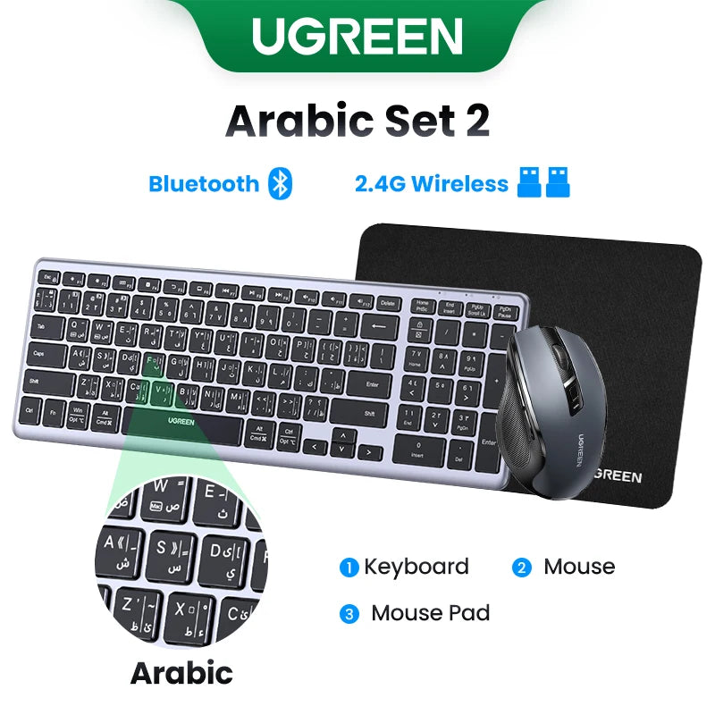 UGREEN Wireless Bluetooth 5.0 & 2.4G Keyboard – 99 Keycaps Russian/Korean/English, USB-C Rechargeable for MacBook, iPad, PC & Tablet