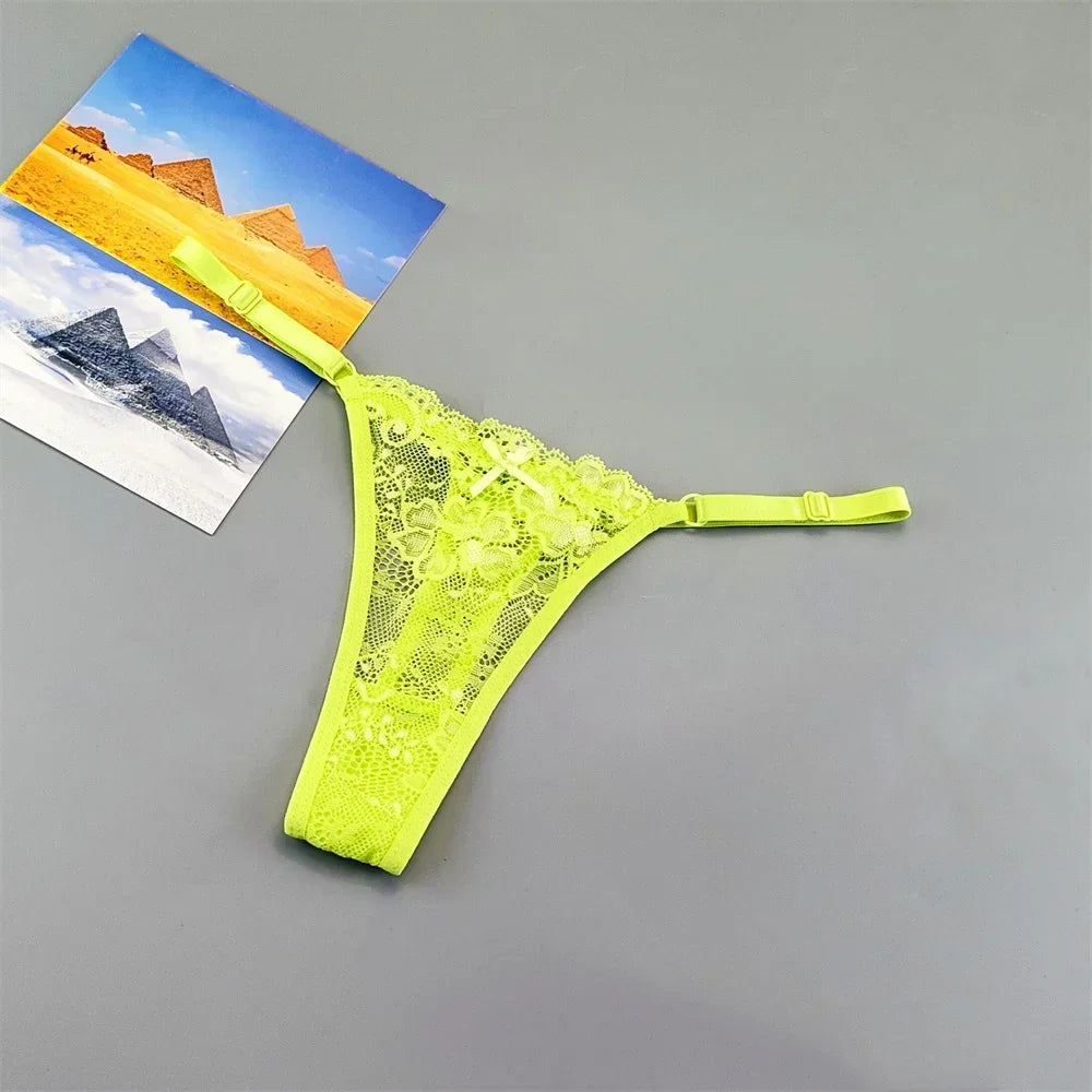 Women's Transparent Lace Thong Set - 3PCS Adjustable Low Waist Sexy T-Back Underwear