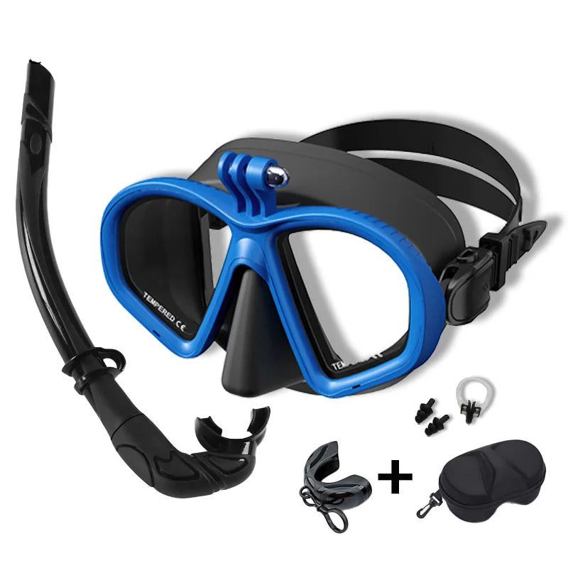 Freediving Mask with Camera Mount - Two-Window Tempered Glass Waterproof Anti-Fog Snorkeling Mask