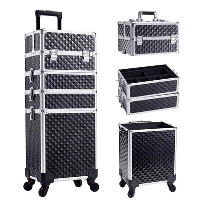Makeup Trolley Case 4-in-1 — Detachable Alloy Train Briefcase with Wheels, Lockable Large Capacity Storage for Nail Manicure Salon