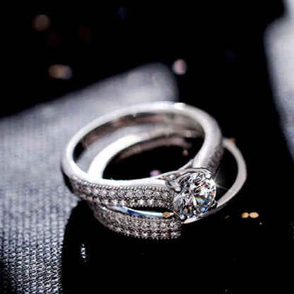 Vintage Halo Sterling Silver Ring Set - 925 Silver Wedding Anniversary Jewelry Gift for Women