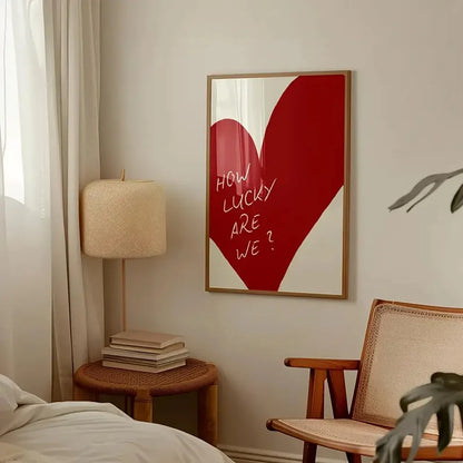 Frameless Red Love Heart Canvas – “How Lucky Are We” Modern Wall Art Poster for Bedroom, Home Decor & Valentine’s Gift