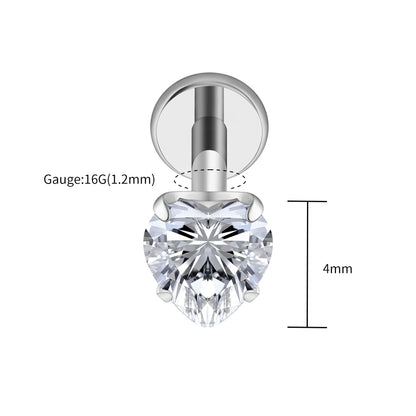 Right Grand ASTM F136 Titanium 16G Heart CZ Threaded Labret Stud – 3mm/4mm/5mm CZ Cartilage, Tragus, Helix & Nose Piercing Jewelry