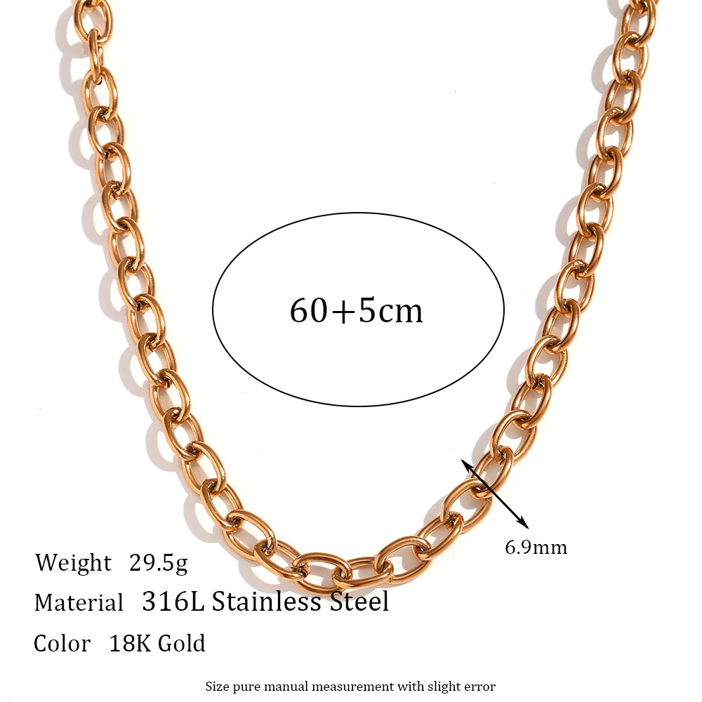 18K Gold Plated Stainless Steel Oval Link Chain Jewelry Set – 7mm Chunky Silver Color Choker Necklace, Bracelet & Anklet Accessories