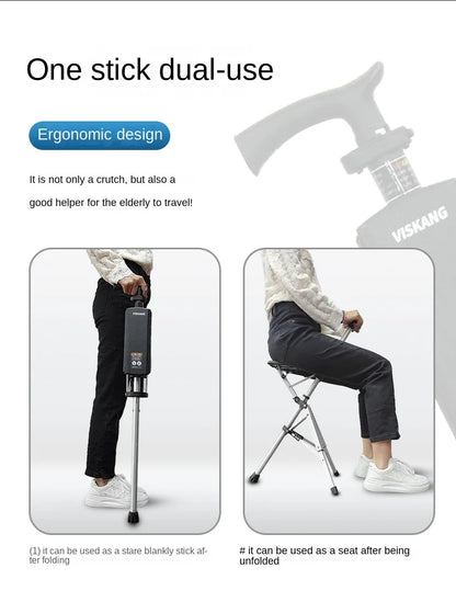 Multi-Functional Non-Slip Walking Stick with Seat – One-Key Foldable Crutch Chair, Triangular Bracing Elderly Hiking Pole Walker