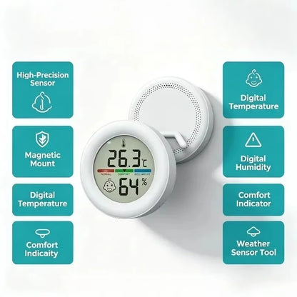 Round Digital Thermometer Hygrometer - High-Precision Indoor Temperature & Humidity Monitor with Magnetic Bracket