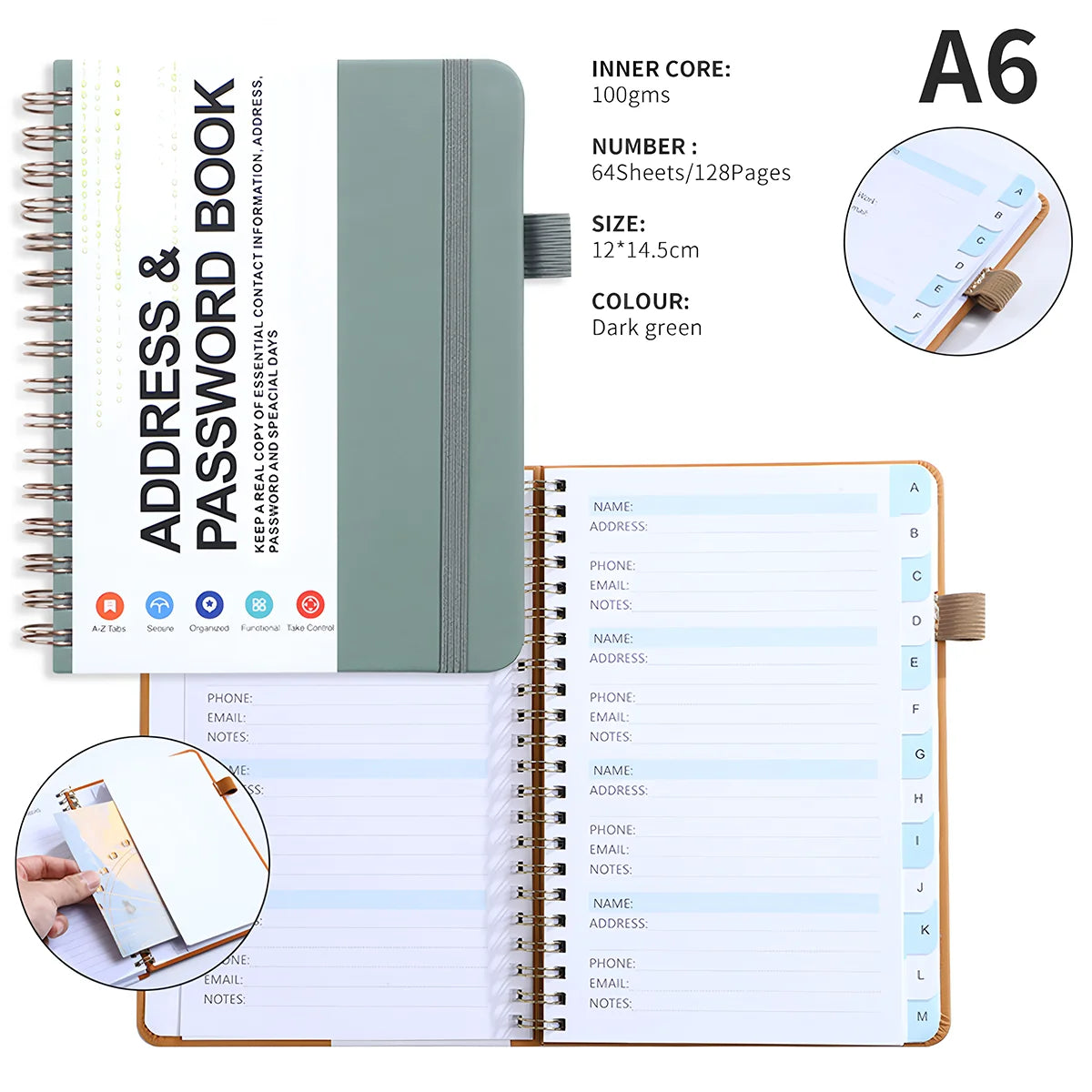 A6 Password Book with PP Coil – English Address & Password Organizer, Thick Horizontal Notebook for Office Use