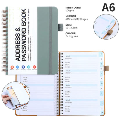 A6 Password Book with PP Coil – English Address & Password Organizer, Thick Horizontal Notebook for Office Use