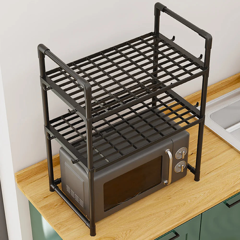 Extra Wide 2-Tier Microwave Stand — Heavy-Duty Kitchen Shelf with Handrail Hooks, Non-Slip Rack for Oven, Toaster & Spices