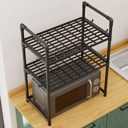 Extra Wide 2-Tier Microwave Stand — Heavy-Duty Kitchen Shelf with Handrail Hooks, Non-Slip Rack for Oven, Toaster & Spices