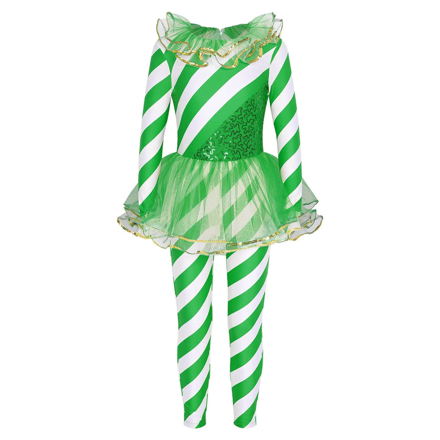 Kids Candy Cane Striped Christmas Tutu Leotard — Sequined Santa Bodysuit for Ballet & Gymnastics