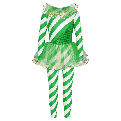 Kids Candy Cane Striped Christmas Tutu Leotard — Sequined Santa Bodysuit for Ballet & Gymnastics