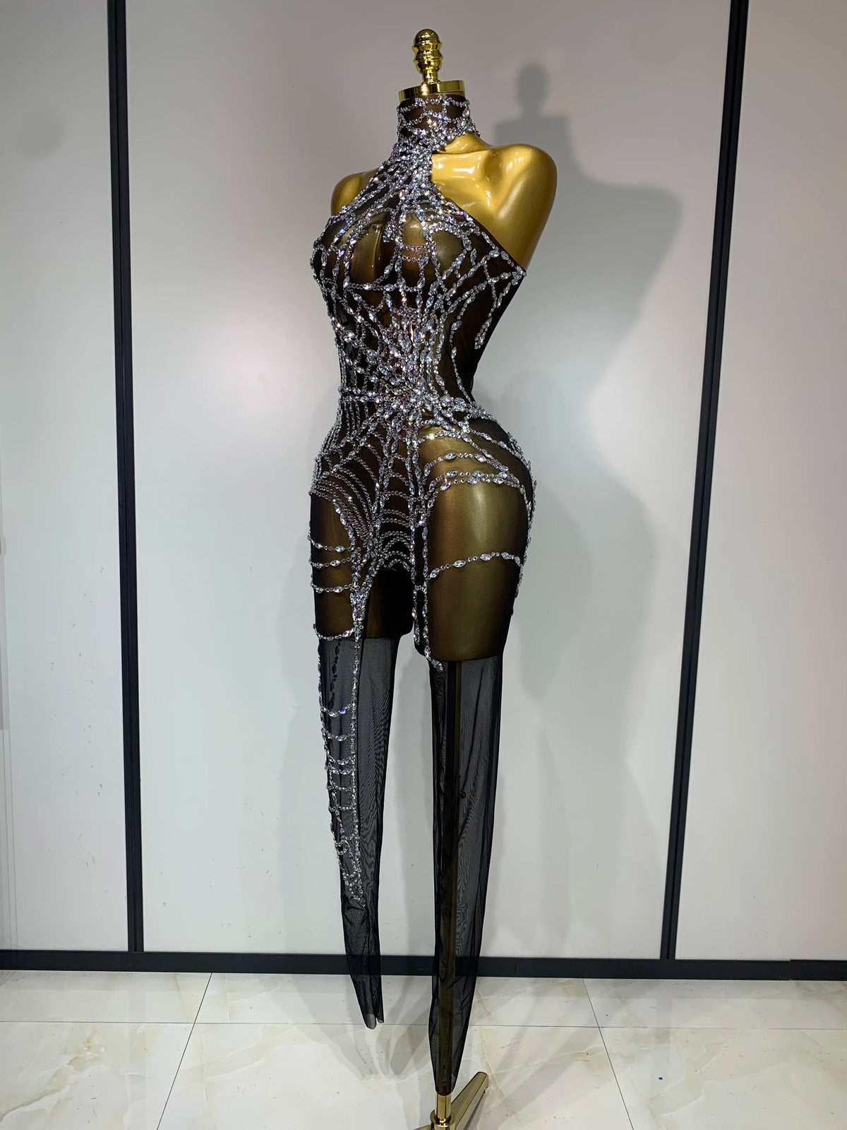 Sparkly Diamond Mesh Jumpsuit for Women - Sexy Rhinestone Nightclub, Stage Performance, Go-Go Dancer, and Drag Queen Costume