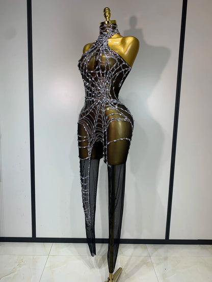 Sparkly Diamond Mesh Jumpsuit for Women - Sexy Rhinestone Nightclub, Stage Performance, Go-Go Dancer, and Drag Queen Costume