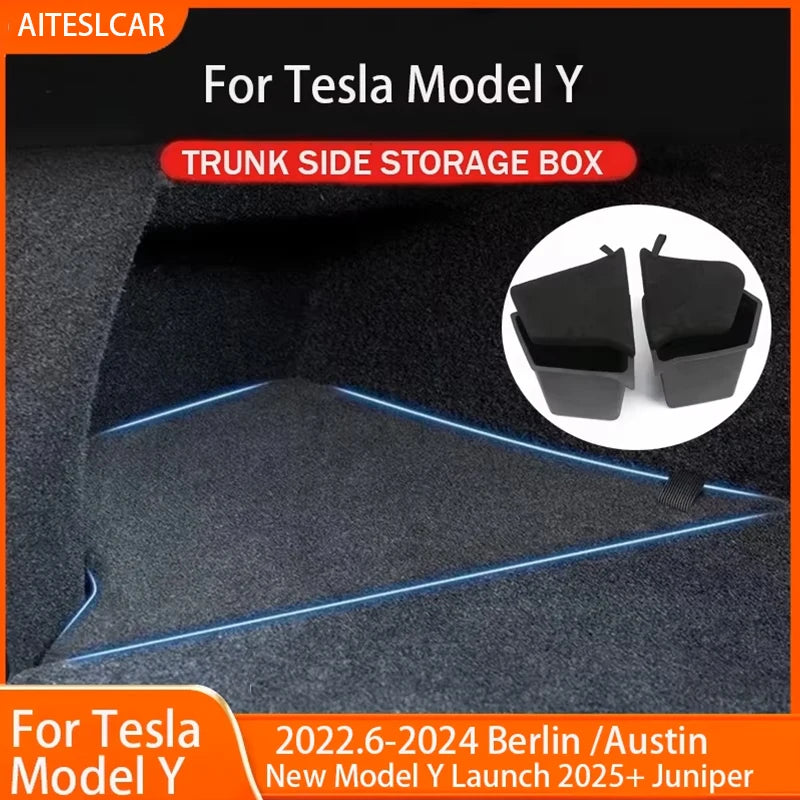 Tesla Model Y Berlin/Austin 2022-2025 Trunk Side Storage Bins – TPE Cargo Organizer with Carpet Lids