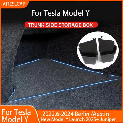 Tesla Model Y Berlin/Austin 2022-2025 Trunk Side Storage Bins – TPE Cargo Organizer with Carpet Lids