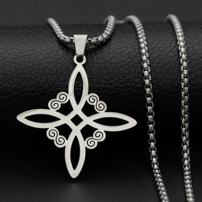 Witch Knot Necklace – Stainless Steel Magic Celtic Knot Pendant, Pagan Witchcraft Symbols, Jewelry Gift for Women
