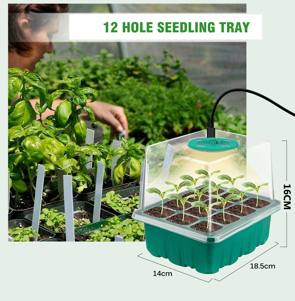 Plants Seed Starter Trays with Grow Light — 12-Hole Nursery Pots for Home, Greenhouse & Indoor Growing