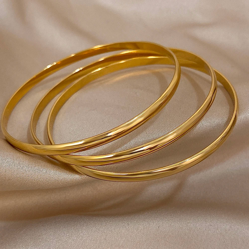 3-Piece 18K Gold-Plated Stainless Steel Bangle Set - Minimalist Glossy Waterproof Bracelets for Women