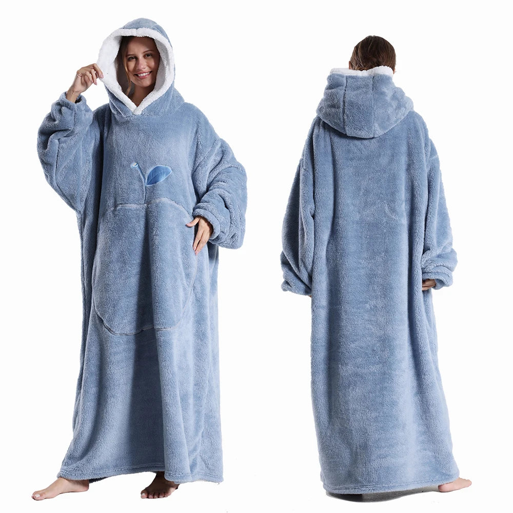 Extra Long Wearable Blanket - Winter Flannel Hooded Blanket with Full Sleeves, Cozy Soft Throw for Men and Women