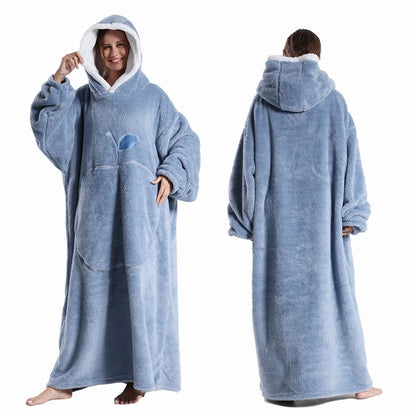 Extra Long Wearable Blanket - Winter Flannel Hooded Blanket with Full Sleeves, Cozy Soft Throw for Men and Women