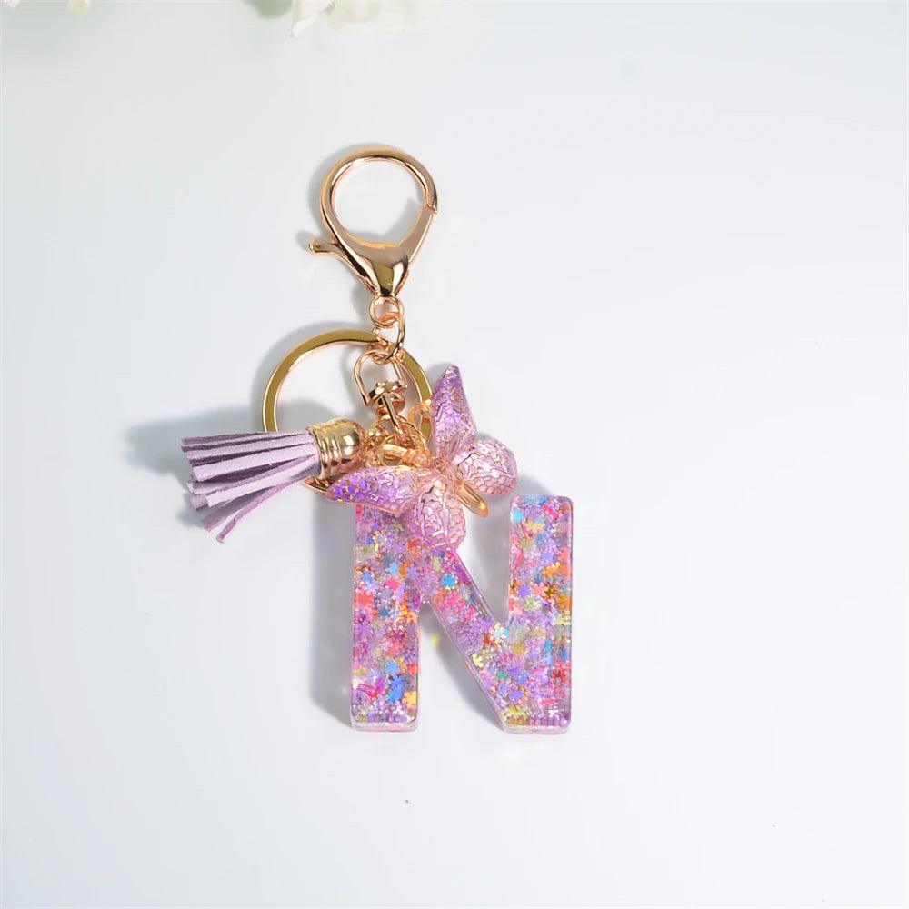 A-Z Sequin Initial Keychain - Dreamy Butterfly Tassel Pendant Bag & Purse Charm for Women