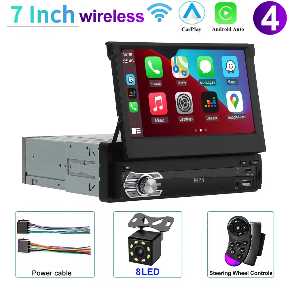 Universal 1-DIN 7" Car Stereo - Retractable Touchscreen MP5 Player with CarPlay, Android Auto, FM Radio & Mirror Link