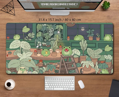 Kawaii Frogs XXL Desk Mat – Cute Anime Aesthetic Gaming Mousepad, Green Nature & Lofi Plant Extended Mouse Pad