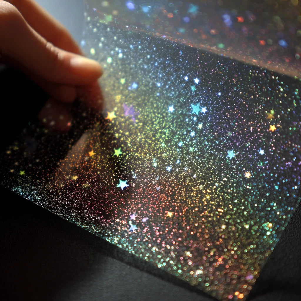 50-Piece Holographic Sand-Star Vinyl Sticker Set - Transparent Self-Adhesive Overlay Sheets for Laminating, 7.4 × 10.5 cm