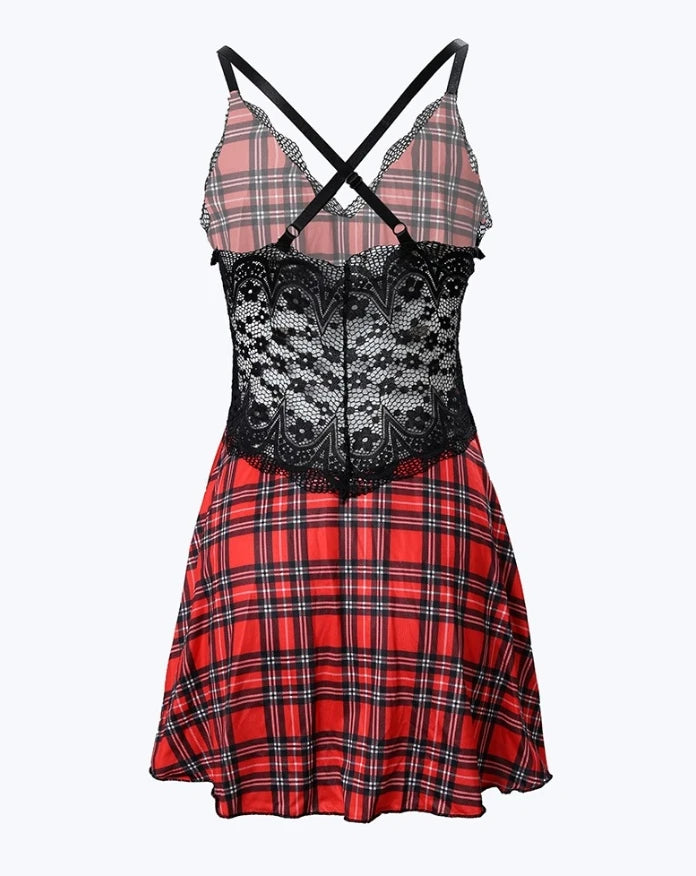 Plaid Lace Nightgown - Women's Crisscross Backless Sleeveless Summer Sleep Dress