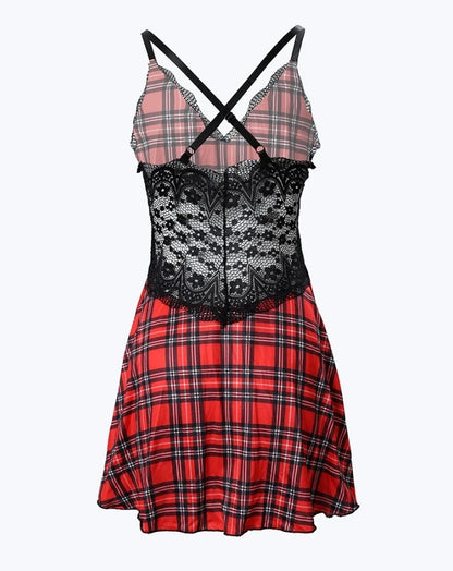 Plaid Lace Nightgown - Women's Crisscross Backless Sleeveless Summer Sleep Dress