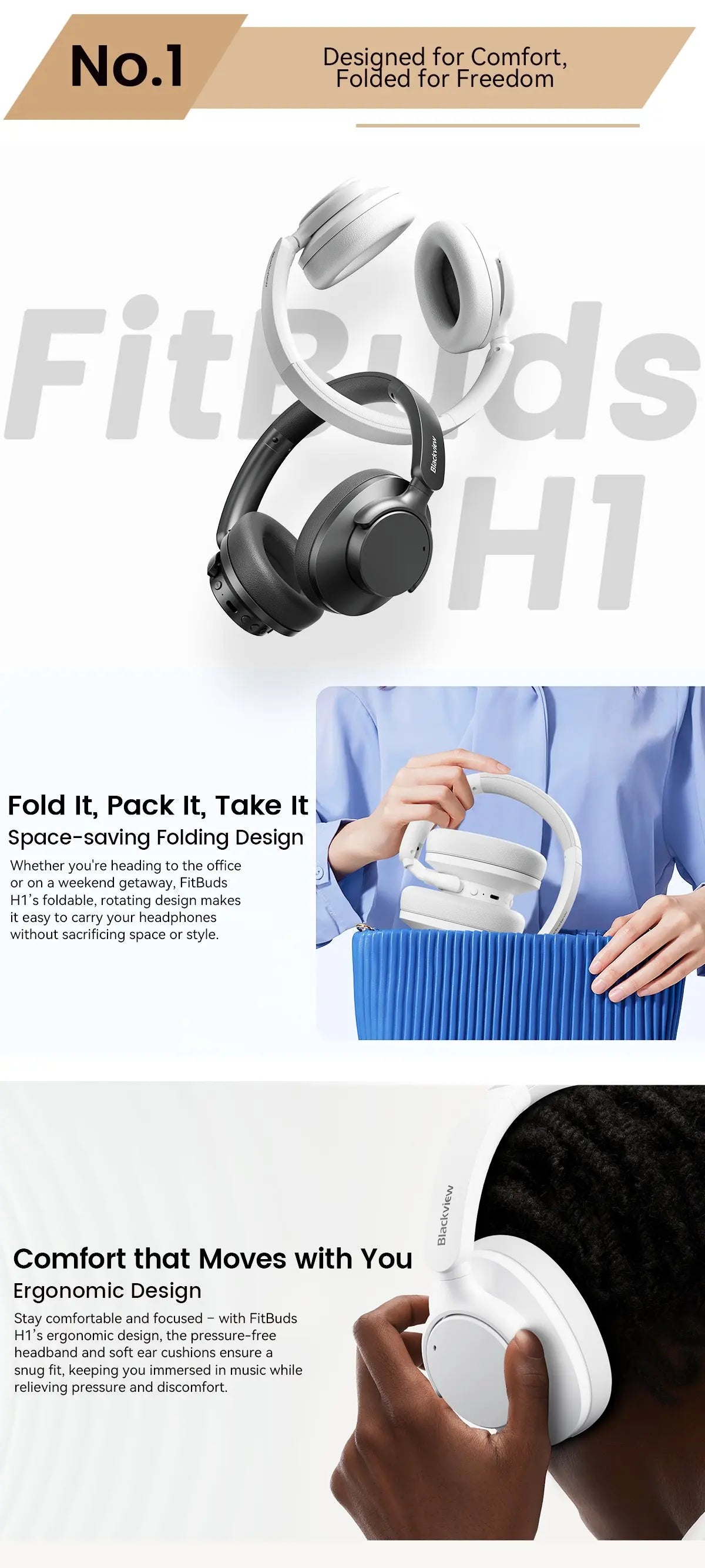 Blackview Fitbuds H1 Hybrid ANC Headphones – Bluetooth 5.4 Over-Ear Wireless Headset with Hi-Res Audio & Mic