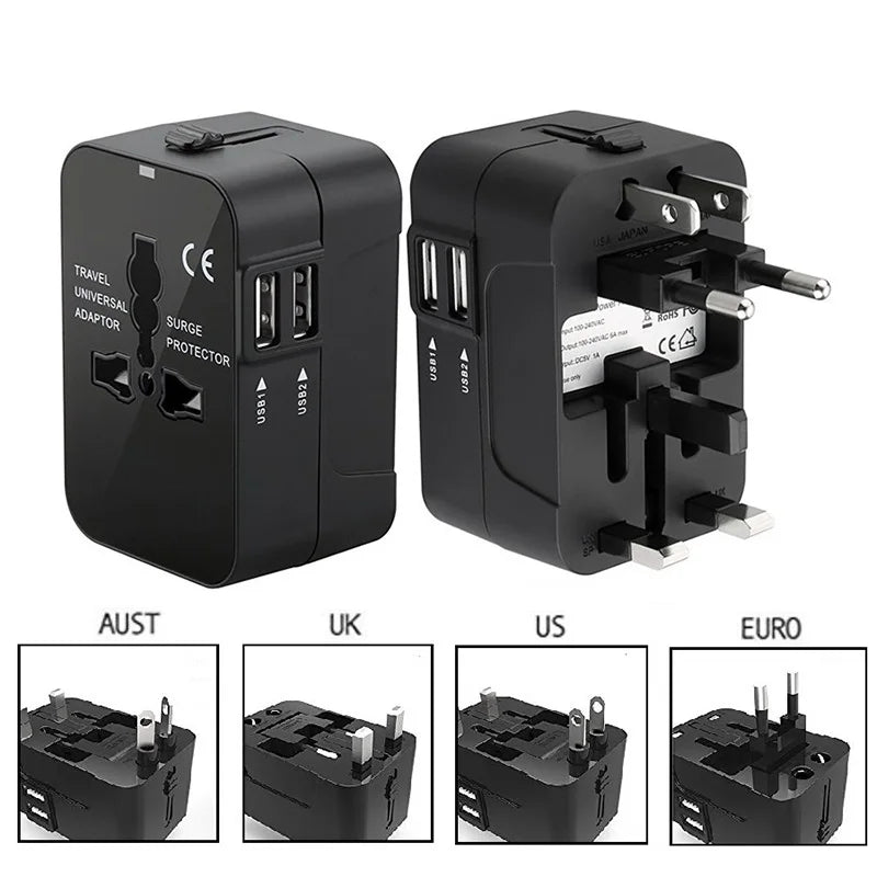Global Travel Conversion Plug – Dual USB Port EU/UK/US/AU AC Power Charger Universal Adapter Socket Converter