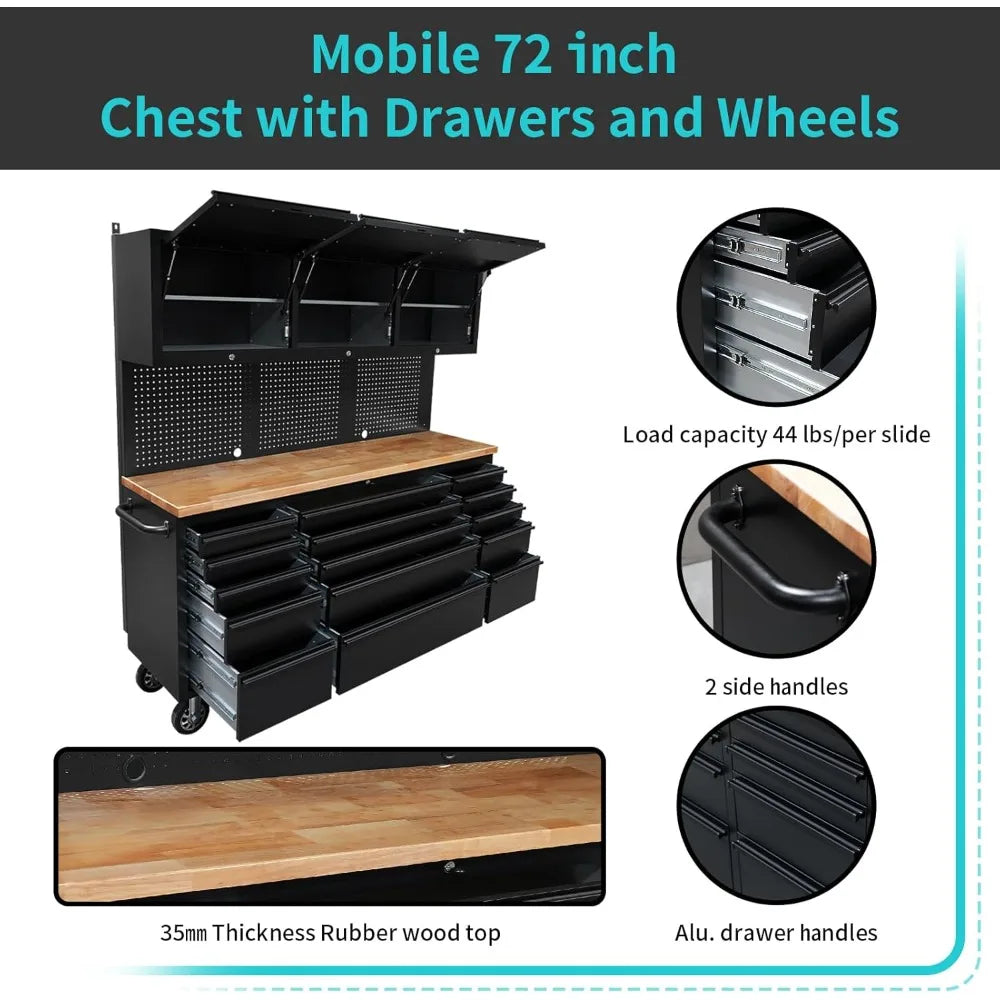 72-Inch Tool Chest Tool Box with 15 Drawers & 3 Upper Cabinets - Mobile Rolling Cabinet with Wheels, SS Pegboard, Locking Key Storage