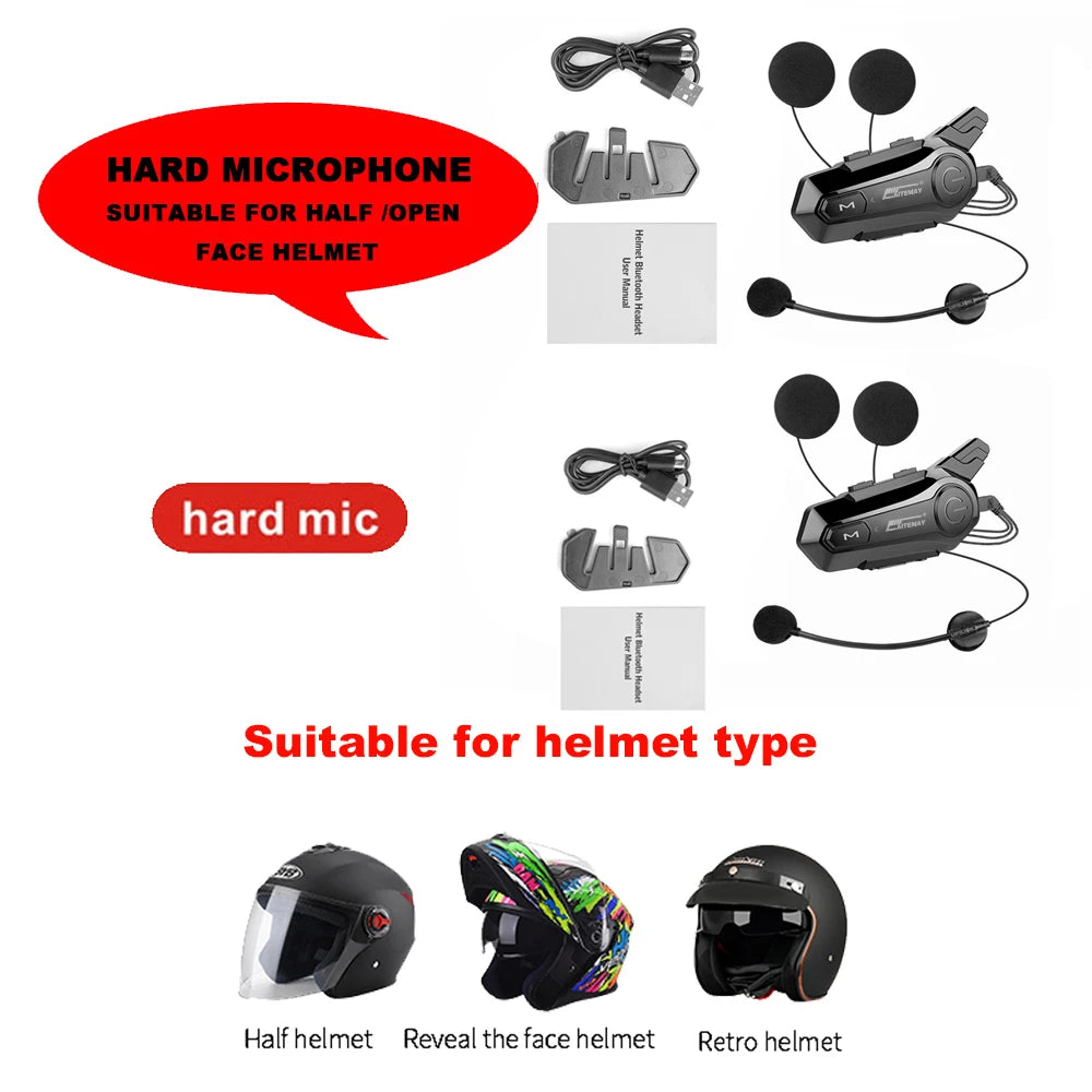 1/2X Bluetooth V5.3 Motorcycle Helmet Intercom Headset – 1000M Noise-Reduction Interphone with Music Sharing for Moto Riders