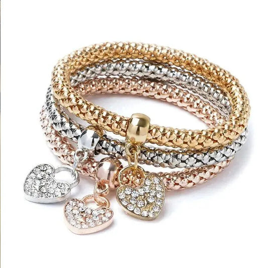 3PCS Women’s Charm Bracelet Set – Heart Lock, Key, Music & Owl Rose Gold & Silver Chain Bangles Jewelry